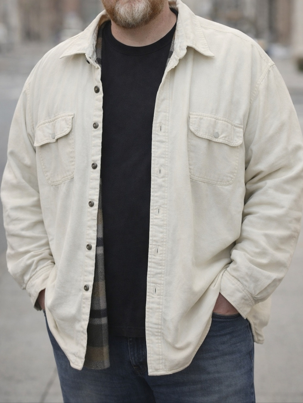 Vintage Men's Cream Button-Front Overshirt Jacket